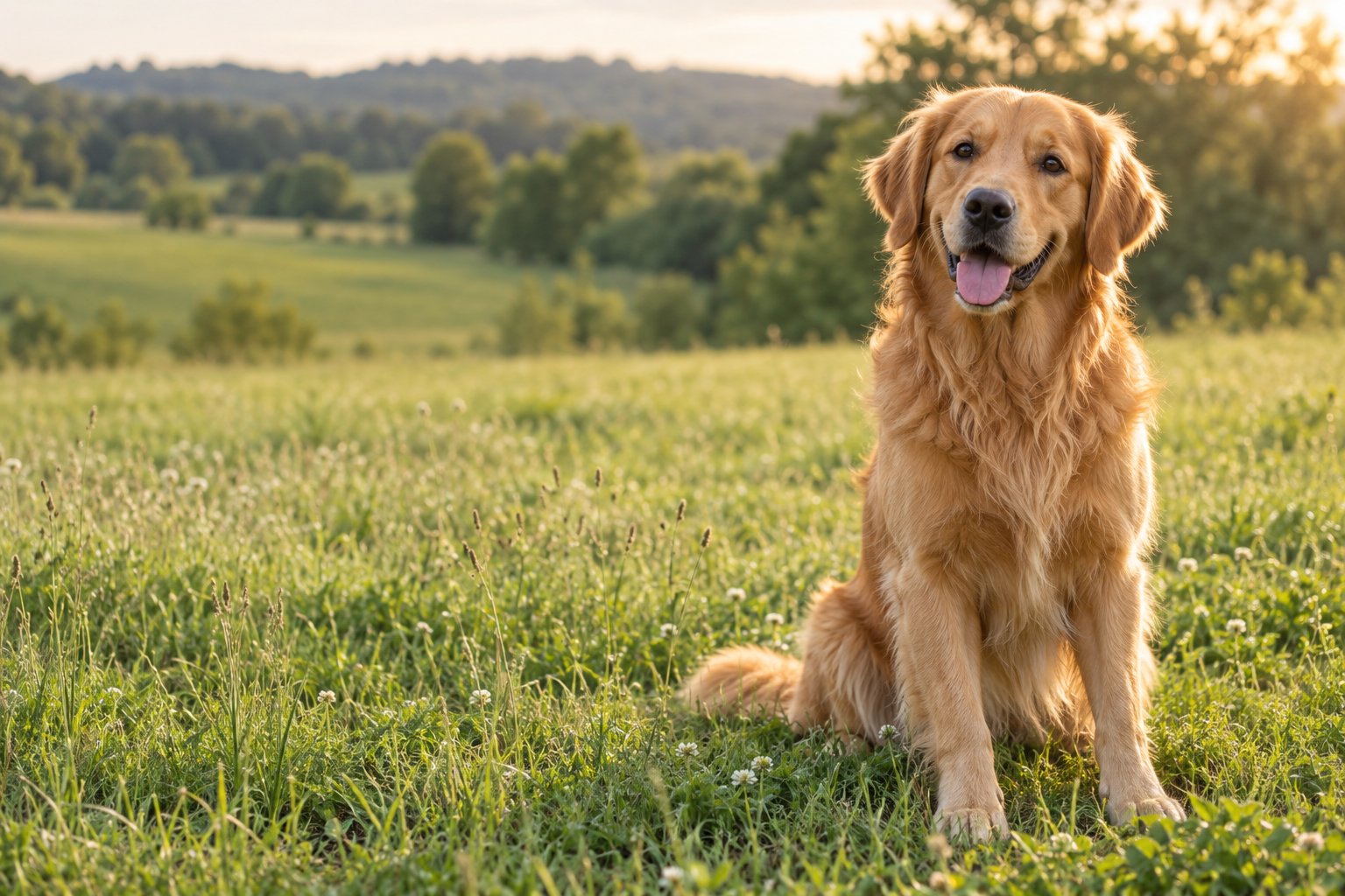 A happy golden retriever sitting in a sunlit green meadow